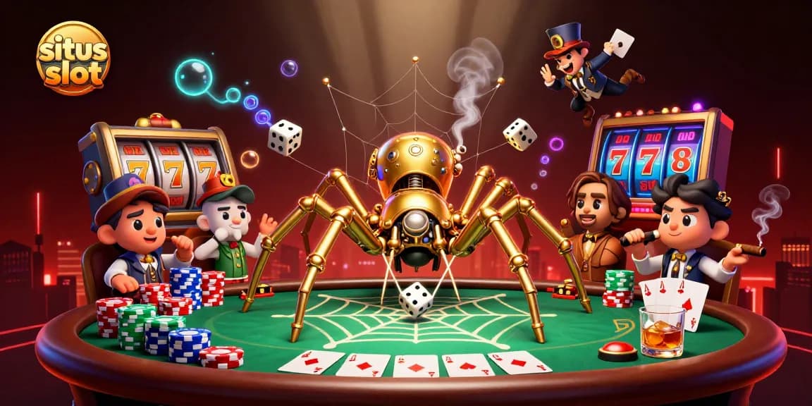 Experience thrilling gameplay at situs slot with steampunk characters amidst rich casino elements.