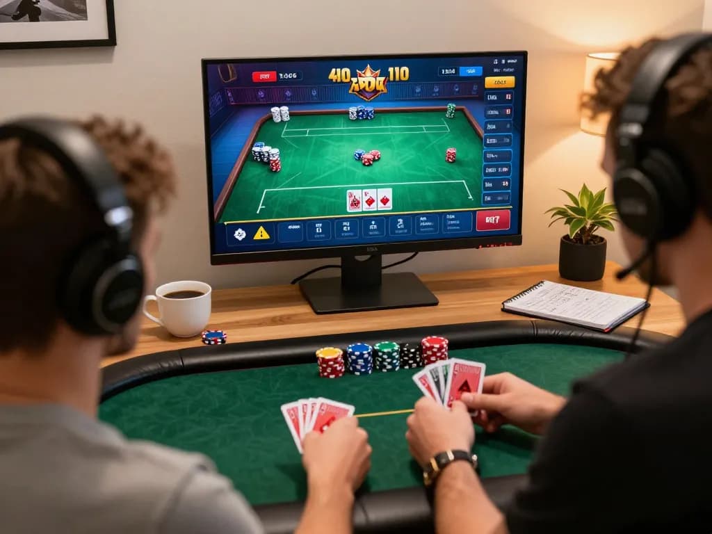 Play poker online with sunwin, showcasing intense gameplay on a high-definition monitor and strategy notes nearby