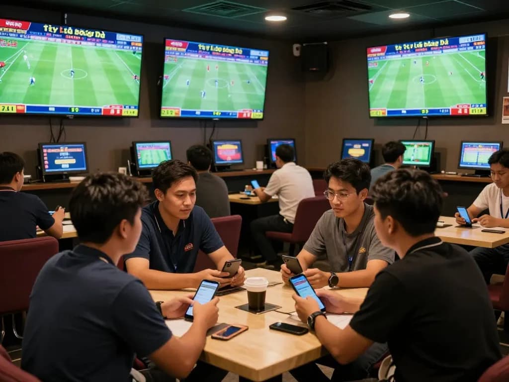 Excited bettors analyzing Tỷ Lệ Bóng Đá odds in a vibrant sports betting lounge.