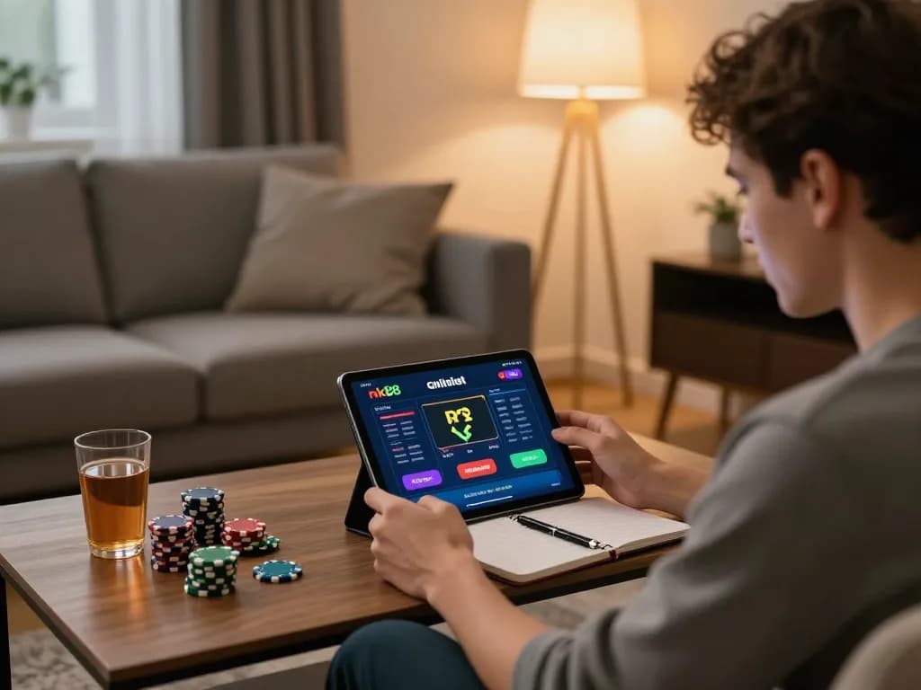 Engage with nk88 bet from home, showcasing online casino excitement with tablet and strategy notes.