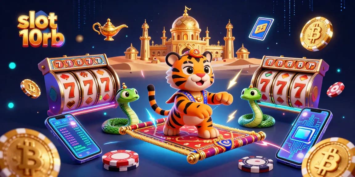 Engage with slot 10rb in a vibrant 3D casino scene filled with Arabian-themed characters and magical elements.