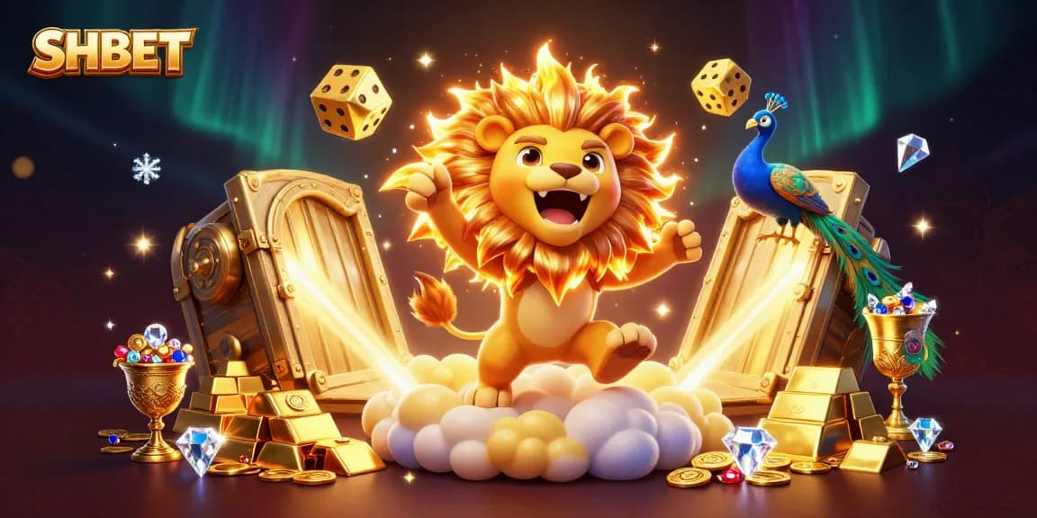 SHBET's dynamic casino scene featuring a roaring lion, golden dice, and treasures.