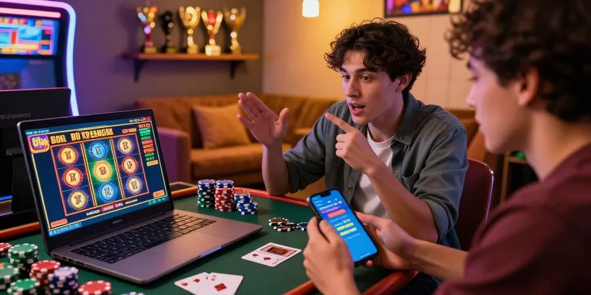 Player experiencing bonus buy slots on a gaming laptop surrounded by casino elements, showcasing excitement and camaraderie.