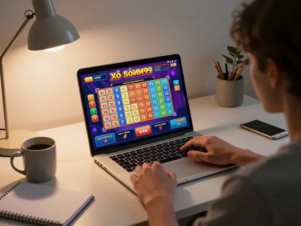 Xổ Số MM99 online lottery game in action, featuring a player engaged with colorful graphics on their laptop.