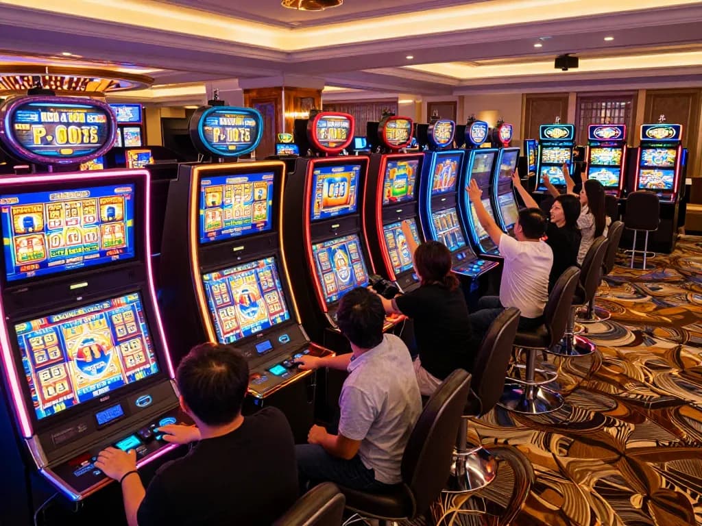 Players enjoying the excitement of TR88's vibrant slot machines, vibrant colors and jackpots.
