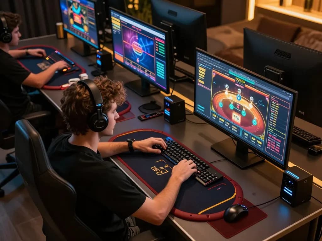 GO88 player engaging in an exciting online poker game on a multi-screen setup showcasing advanced gaming technology