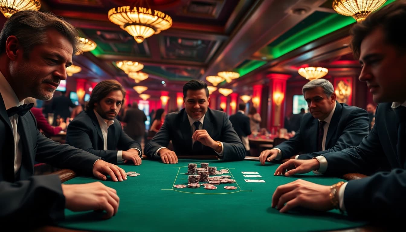 Slot deposit 5000 pada meja poker dengan suasana kasino yang penuh semangat dan excitement.