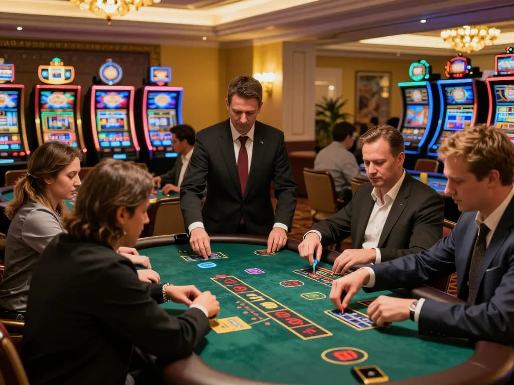 kkwin players strategizing at blackjack tables in a vibrant casino environment.