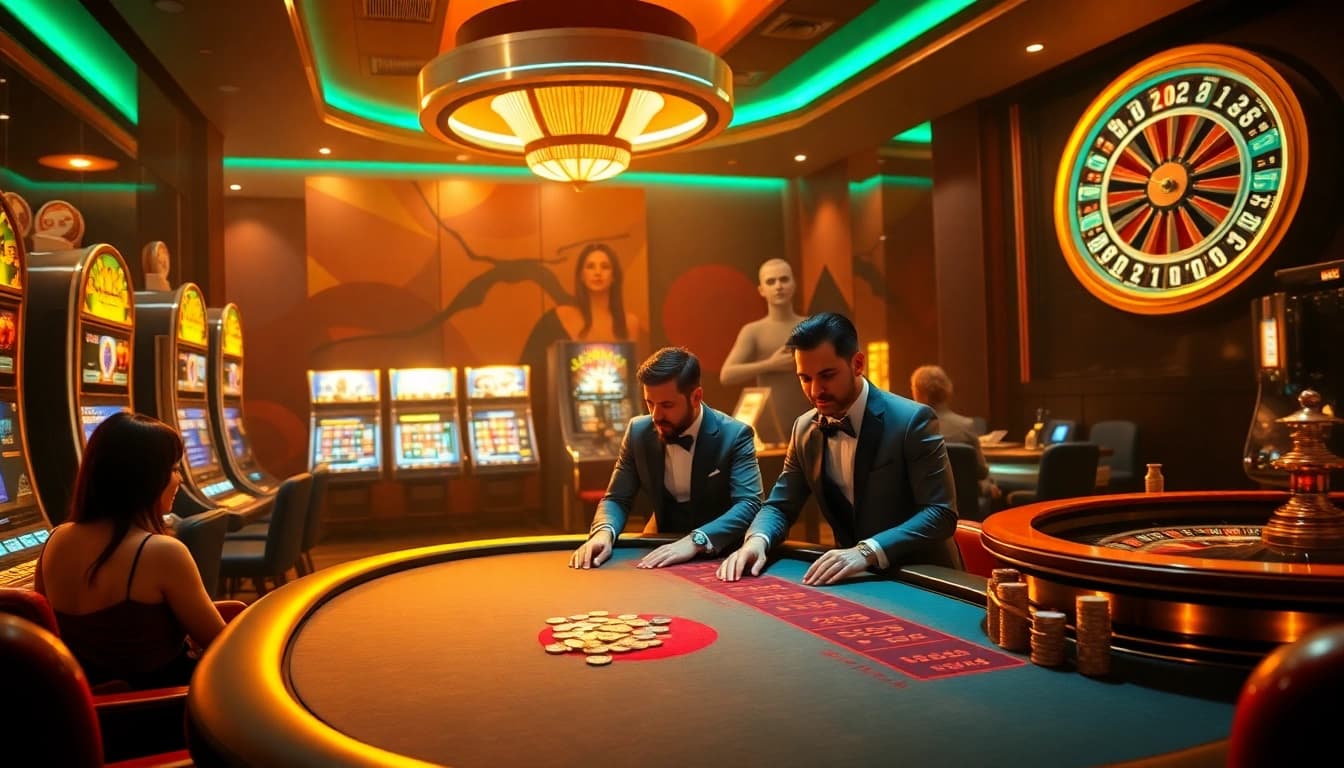 Engage with an exciting sex game on a luxurious casino floor featuring poker players and stunning slot machines.