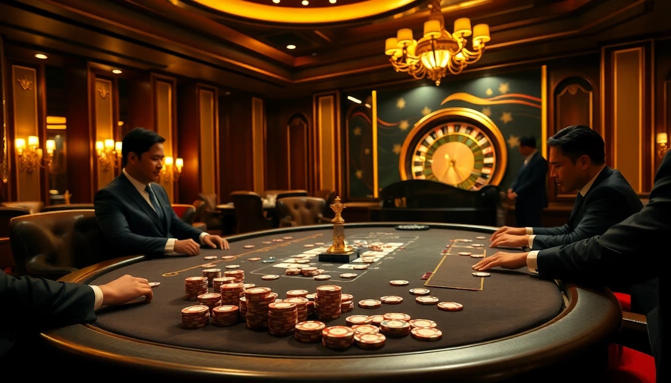 A thrilling poker game at Nhà Cái OKWIN's luxurious casino, showcasing intense gameplay and elegant surroundings.