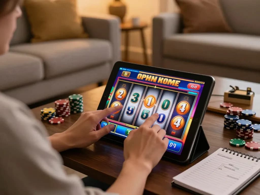 Player engaging with TR88 online slots from a cozy home environment, focused on winning strategy.