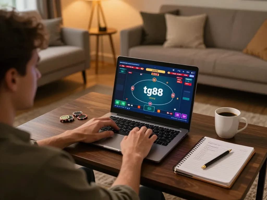 Player engaging in tg88 đăng nhập while playing poker at home, cozy and inviting atmosphere