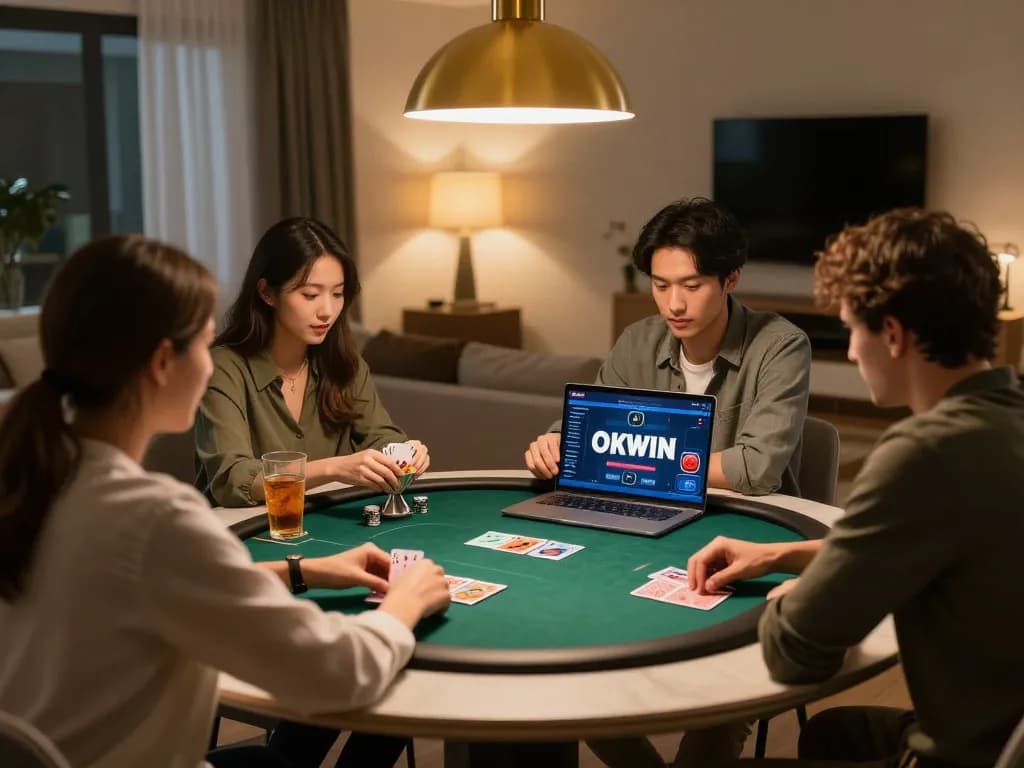 Engaged players enjoying OKWIN poker game in a stylish home environment, showcasing strategic discussions.