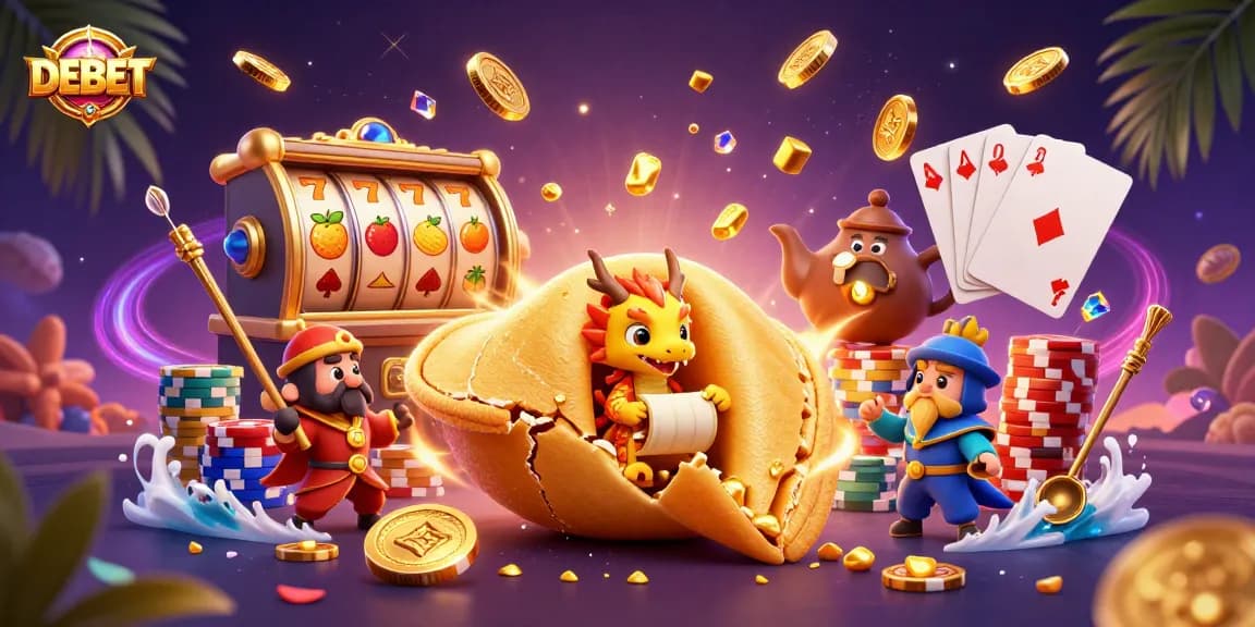 DEBET showcases fortune's spoils amidst cascading riches and vibrant casino elements.
