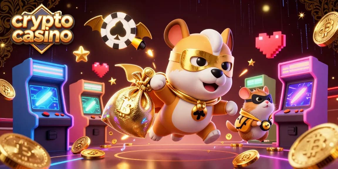 Experience the excitement of a crypto casino as a superhero dog flies through a vibrant gaming scene.