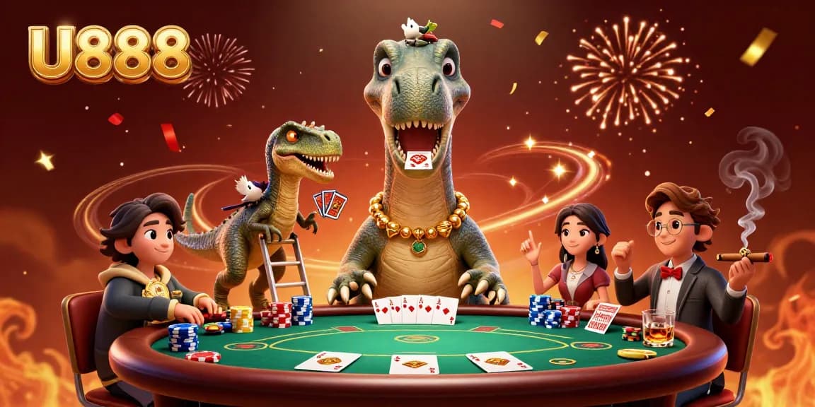 Experience thrilling U888 gaming action with a cartoon brontosaurus in a vibrant casino scene.