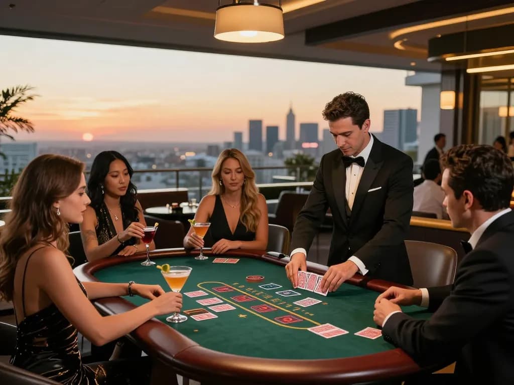 Engaged players at NK88's blackjack table showcasing excitement in a luxurious casino atmosphere.