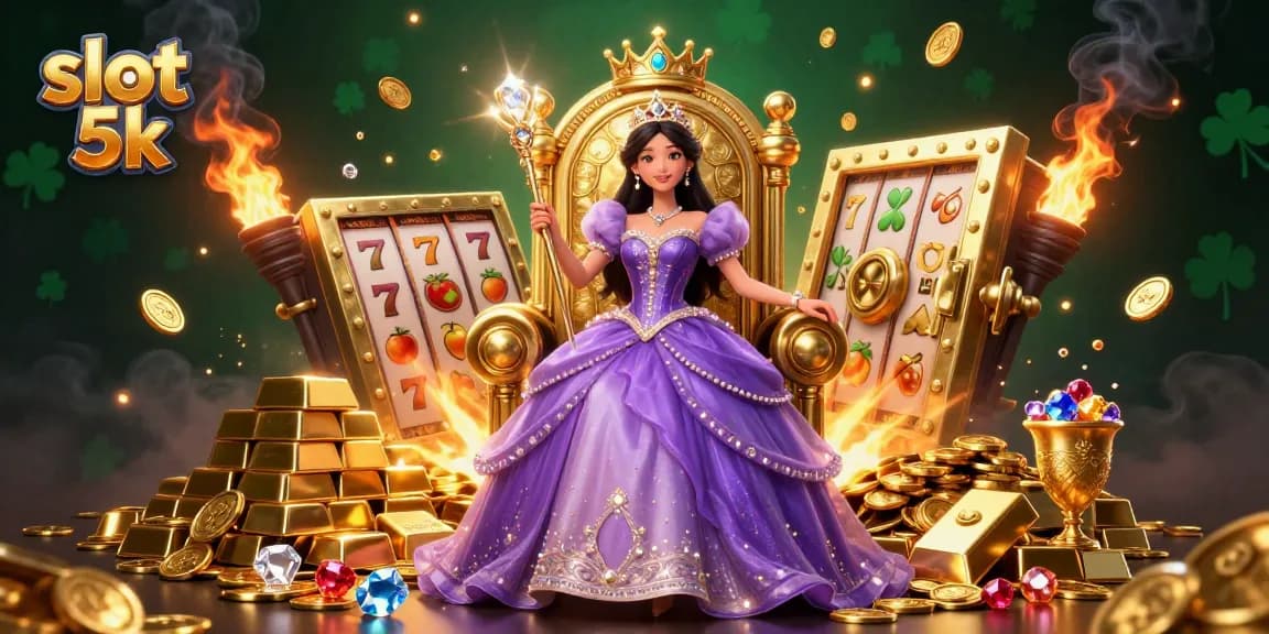 Experience the thrill of slot 5k with beautiful casino elements and golden treasures in this vibrant illustration.