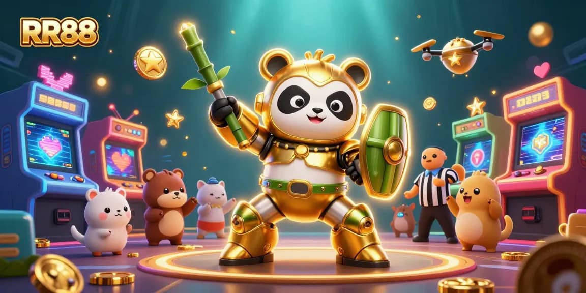 RR88 showcases a thrilling mech-suit panda engaging in a colorful casino arena with vibrant game elements.