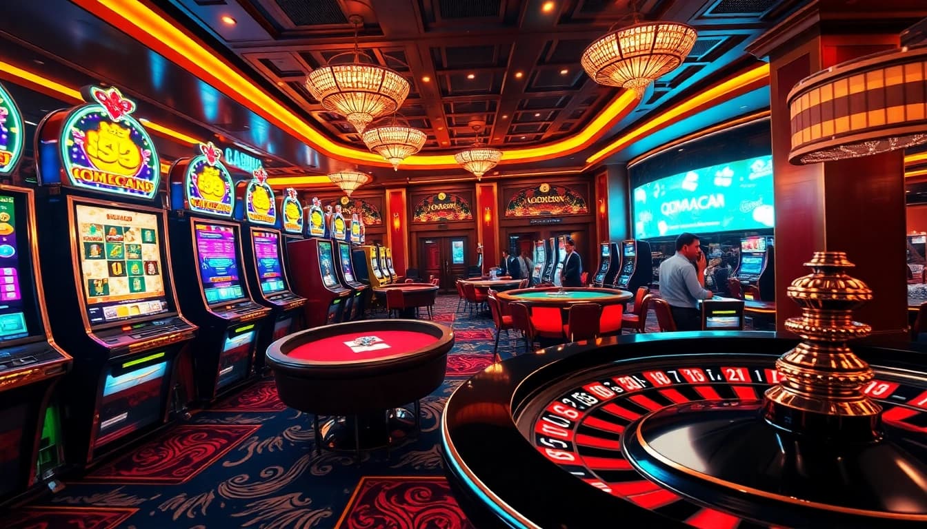 Capture the excitement of QQMACAN as players engage with vibrant slot machines and elegant poker tables in a luxurious casino setting.
