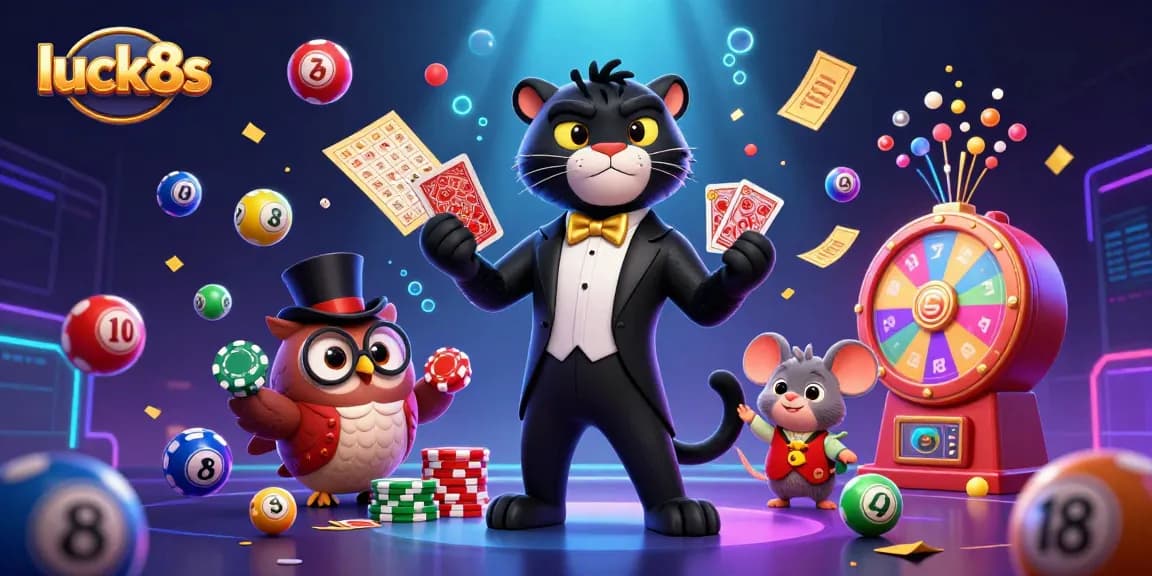Play and win at luck8s with engaging casino characters amidst a vibrant gaming atmosphere.