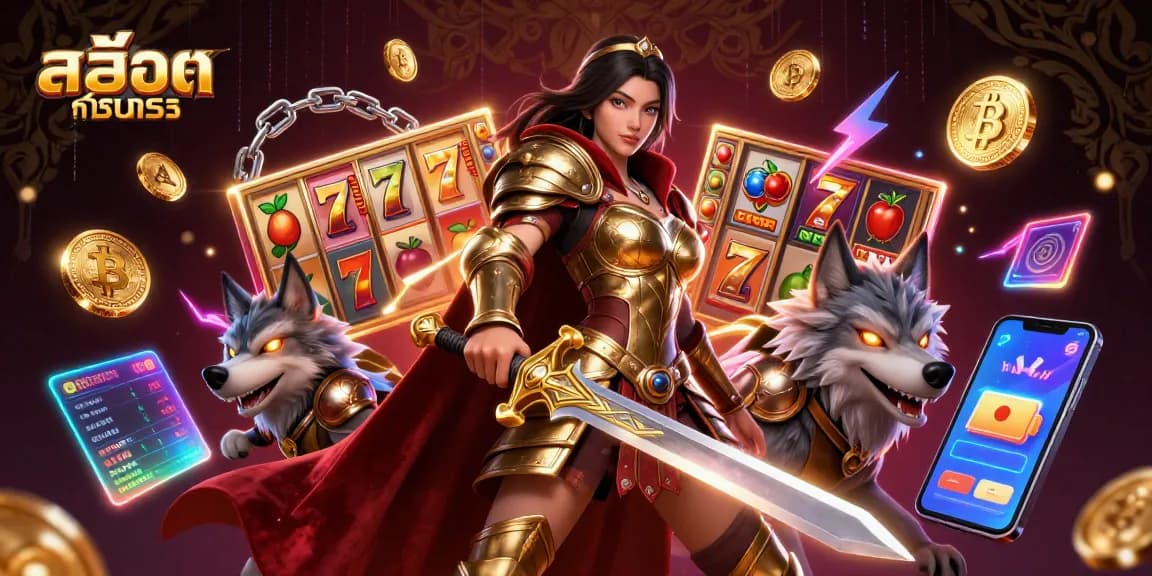 Engage with สล็อตทดลอง through an enticing 3D illustration featuring striking characters and casino elements.