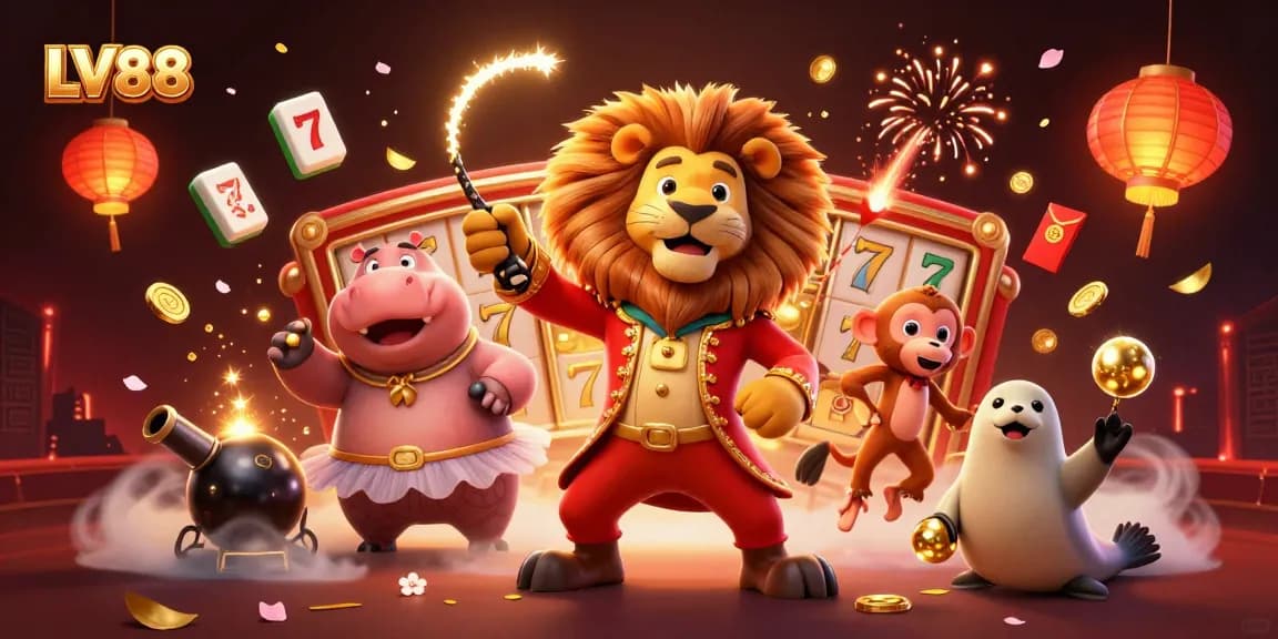 Immerse in the vibrant LV88 casino scene with 3D animated characters, lively slot machine elements, and festive decorations.