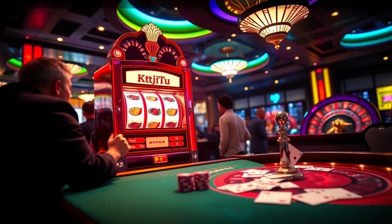 Players engaging with a KtPJiTu slot machine login game, capturing the thrill of winning.