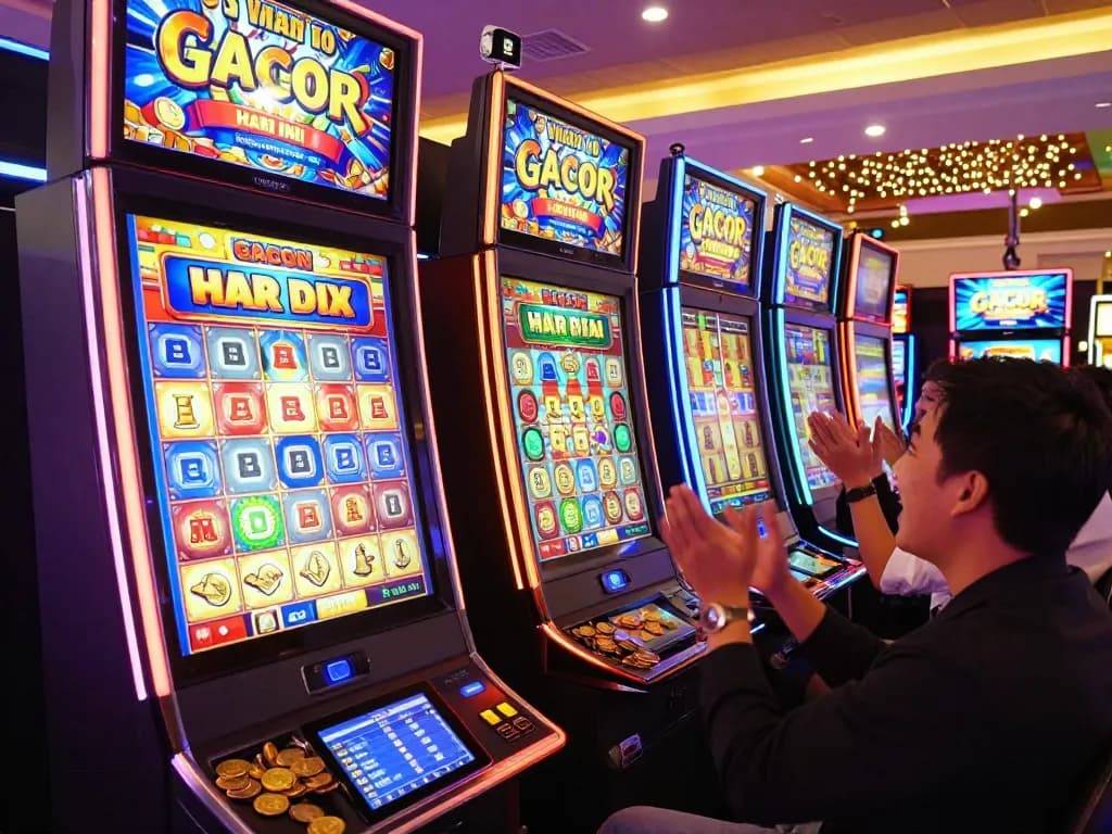 Engaging casino scene with player winning on slot gacor hari ini machine amidst vibrant lights and festive atmosphere.