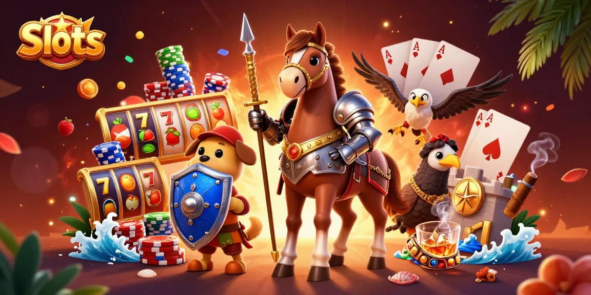 Spin the reels for jackpots in this vibrant Slots casino scene featuring playful characters.
