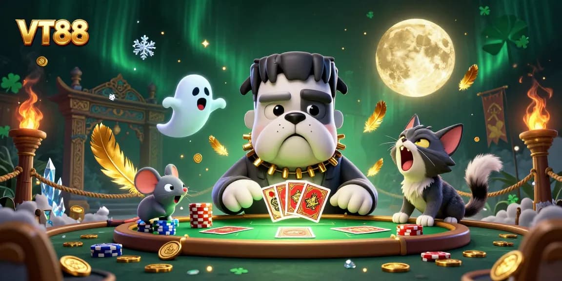 VT88 unleashes thrilling casino action with a Frankenstein bulldog dealing cards at a spooky table.