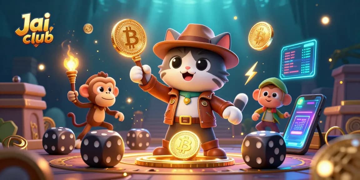Engage with Jai Club's thrilling gameplay, featuring a cat and monkey uncovering hidden casino treasures.