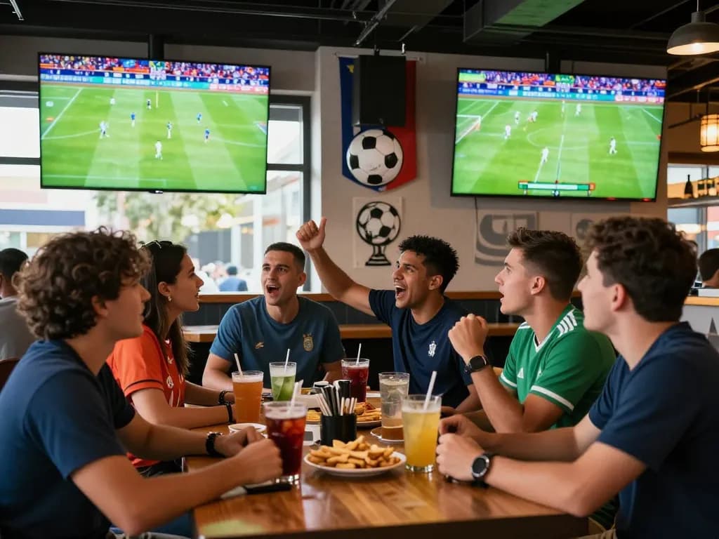 Suasana bar olahraga yang ramai menampilkan teman-teman merayakan pertandingan sbobet piala dunia dengan minuman dan dekorasi sepak bola.