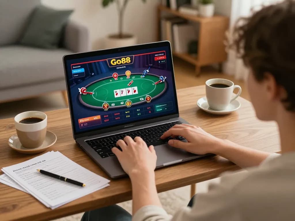 Engaged player using Go88 online casino app during a home gaming session.