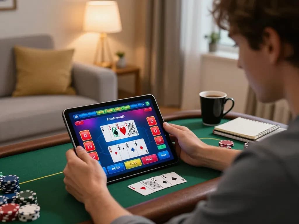 UU88 player enjoying a strategic online poker game on a tablet in a cozy living room