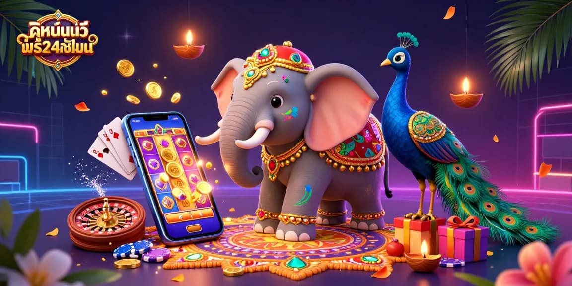 Engage with ดูหนังออนไลน์ฟรี24ชั่วโมง showcasing Diwali-themed elephant amidst vibrant casino elements and a colorful slot game.