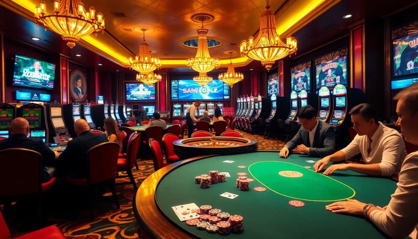 Exciting gambling scene featuring rr88co.net logo with poker tables, roulette wheel, and slot machines.