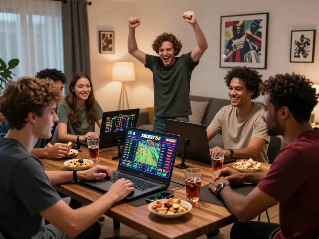 SBOBET88 online gambling excitement with friends celebrating a win in a stylish living room atmosphere.