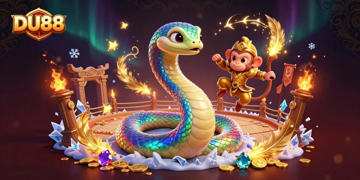 Feel the thrill of DU88 as a colorful serpent and monkey king bring magic to this vibrant casino scene.
