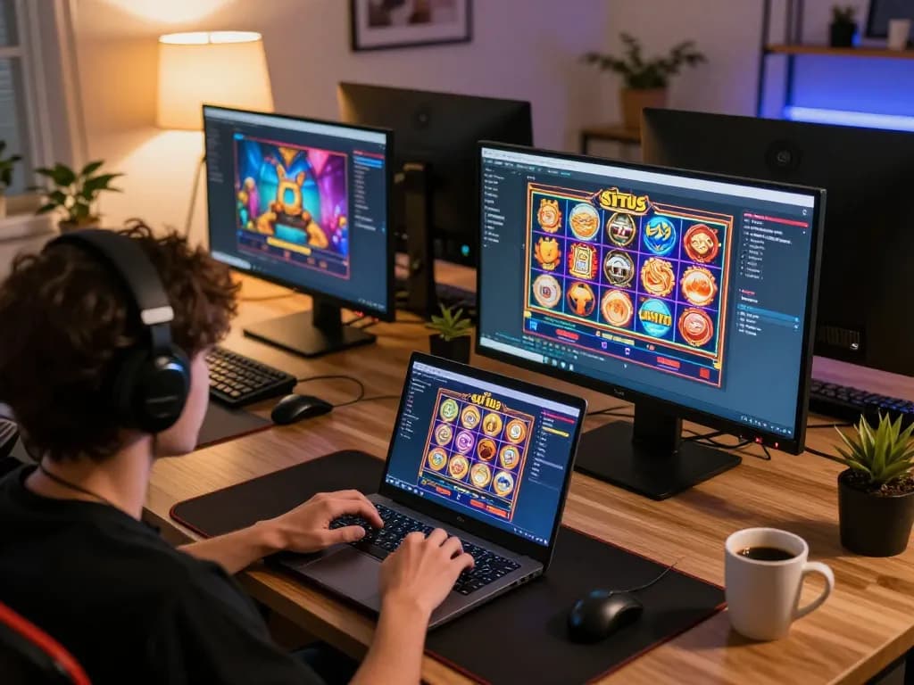 Engaging gameplay on a situs slot online interface at home, vibrant visuals from the screen