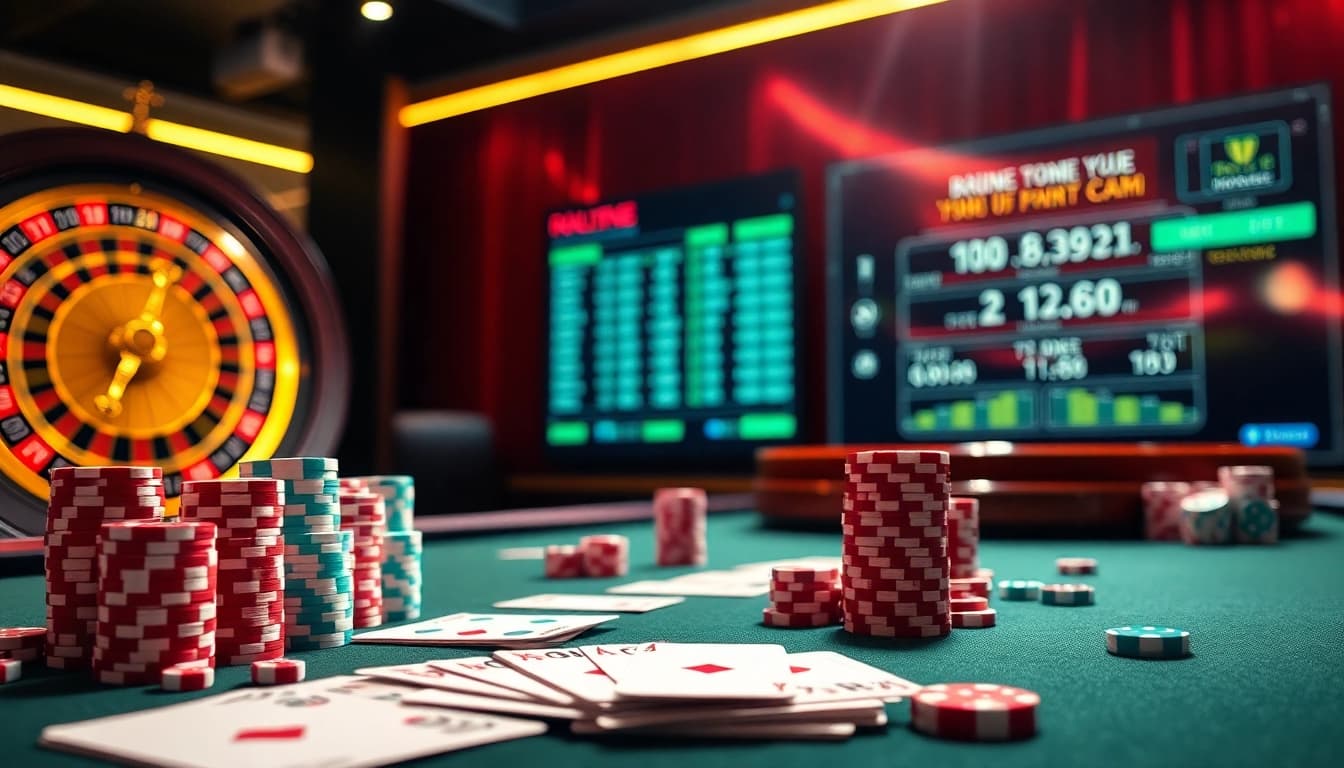 Engaging scene illustrating giải mã kèo nhà cái, featuring a luxurious casino table with cards and poker chips.