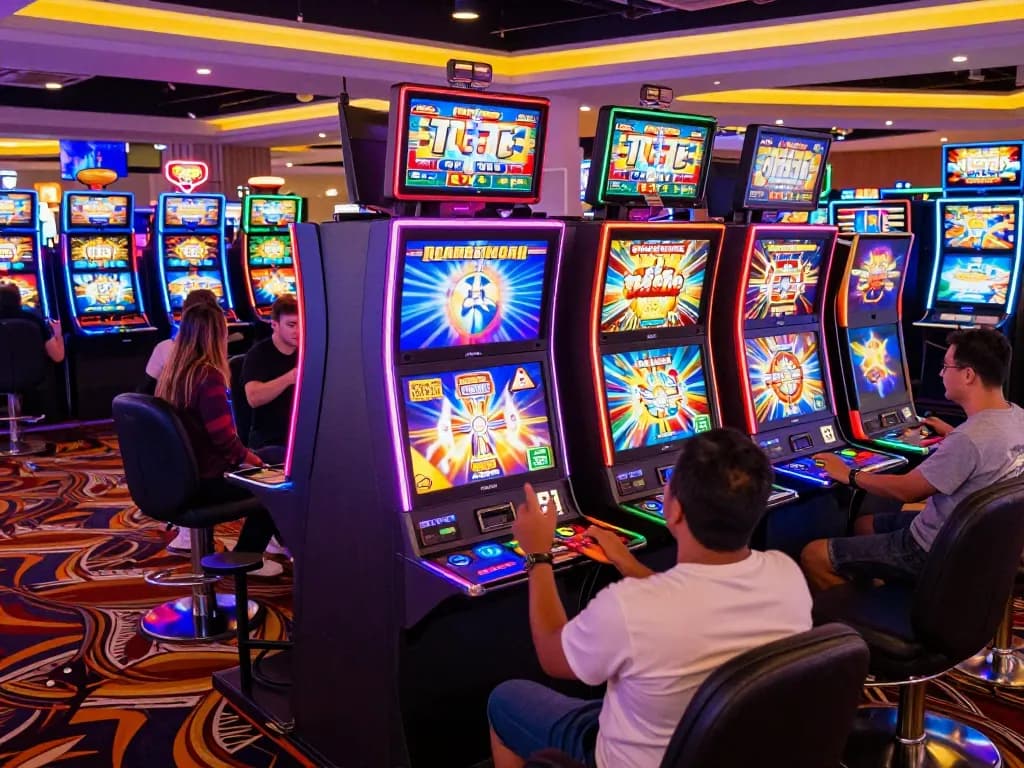 Players enjoying vibrant slot machines at Tr88 trang chủ, celebrating wins in an energetic casino atmosphere