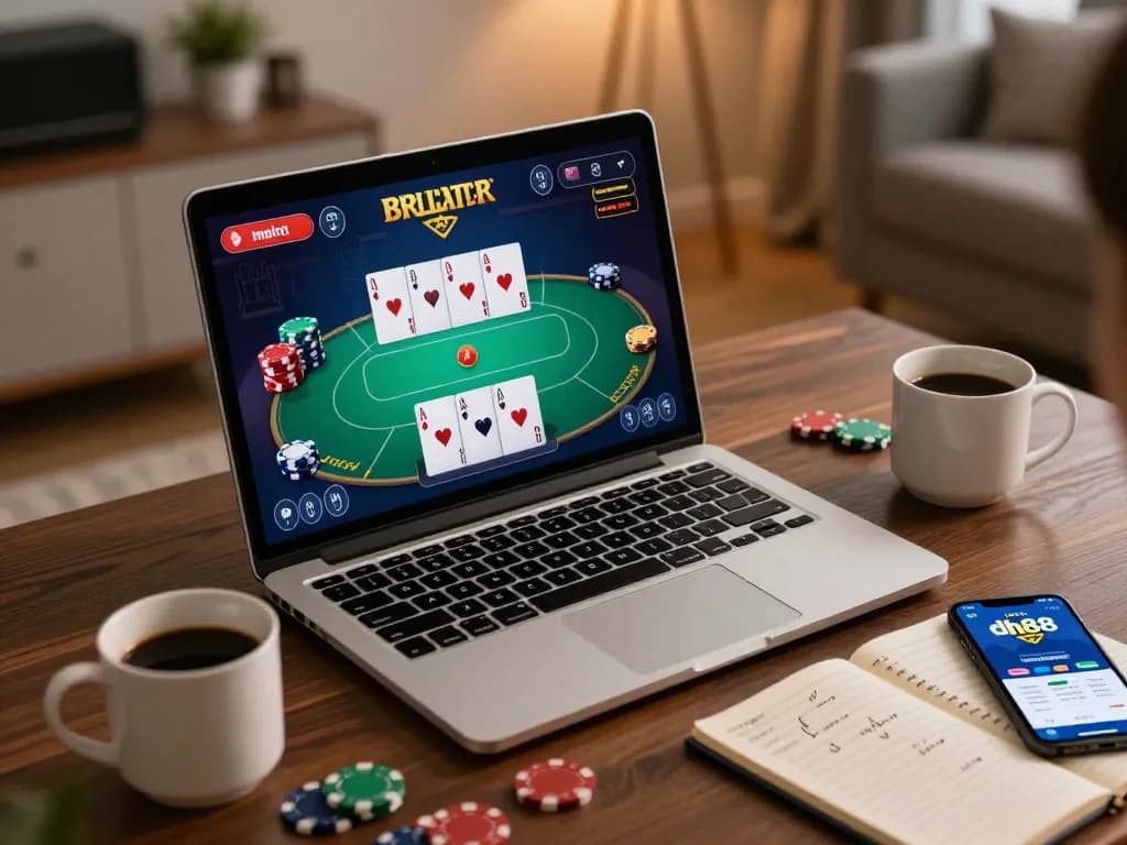 Engaging player experiencing dh88 online poker game on laptop with vibrant chips and strategies