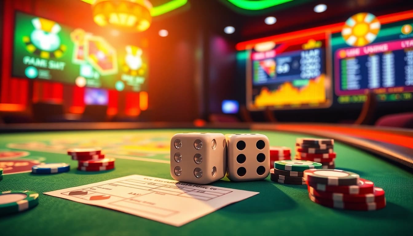 Players engage with the app tài xỉu online, betting on a vibrant casino table with dice and chips.