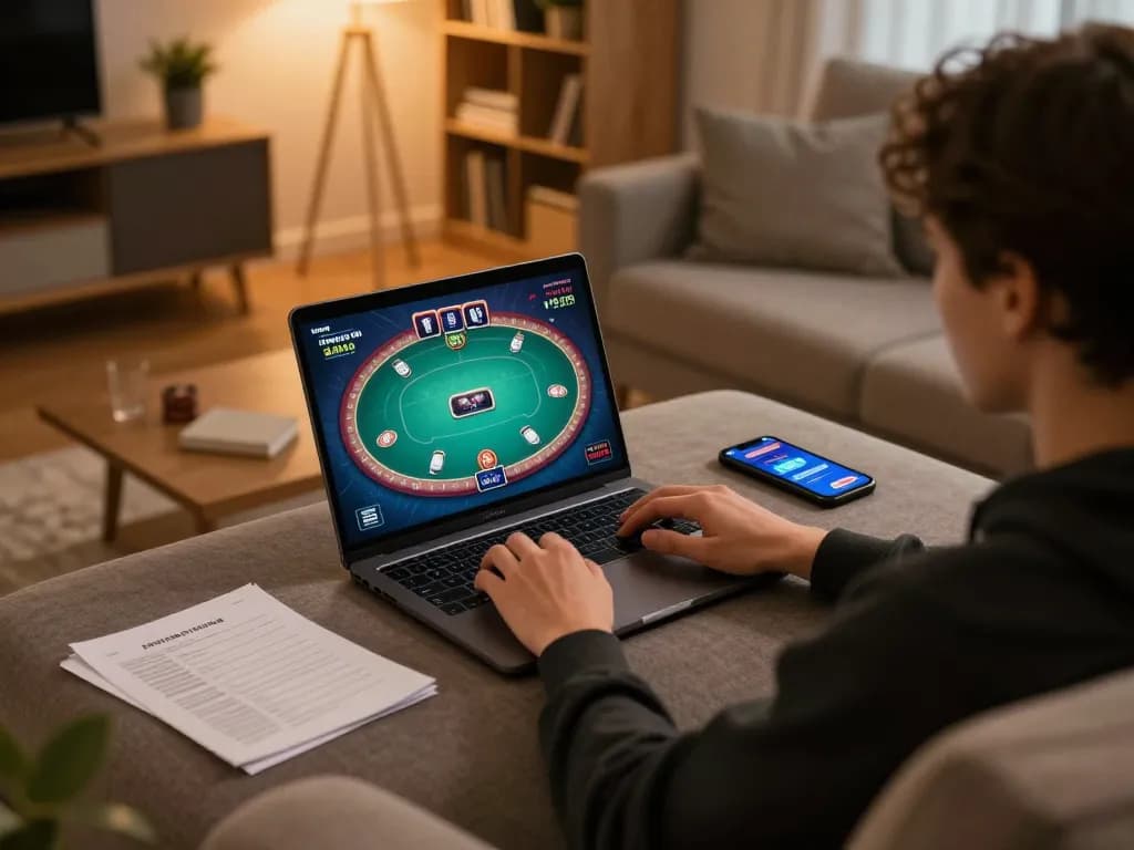 Engaging online gambling moment with tg88 poker game displayed on laptop in cozy home setup.