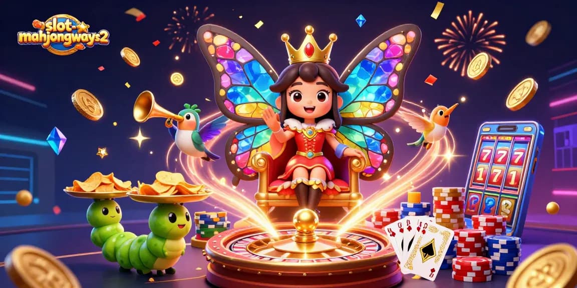 Spin the reels in slot-mahjongways2 featuring a vibrant casino scene with a butterfly queen and golden coins.