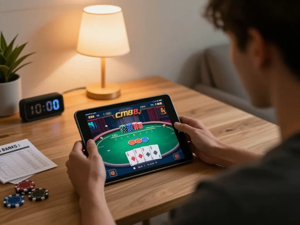 Engaged gamer strategizing on cm88 com poker gameplay in a cozy home setting.