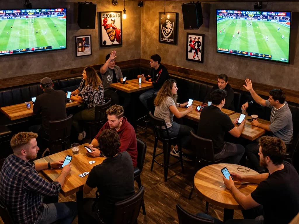 Soi Kèo enthusiasts celebrating wins while placing bets at a lively sports bar with multiple screens.