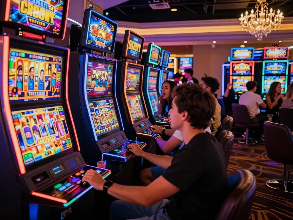 Teman-teman menikmati keseruan mesin slot link di suasana kasino yang semarak.