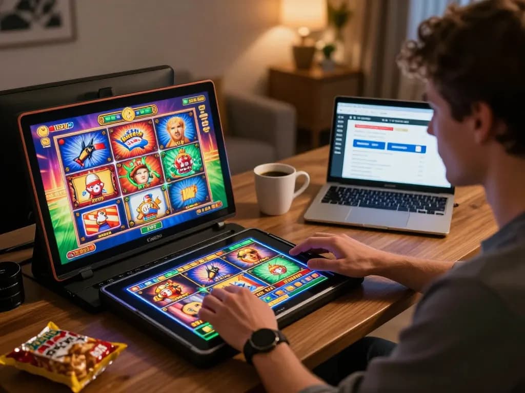 Enjoying interactive slot action on dash88 in a cozy home setup with tablet and strategy guide.